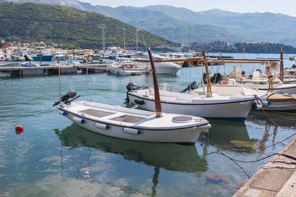 Yat limanında dağ zeminli küçük tekneler yüzüyor. Kıyı yaşam tarzı, deniz turizmi ve manzaralı yaz gezisi.