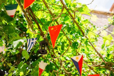 Asma kaplı bir verandada Çin ve Yunanistan 'ın renkli üçgen bayrakları asılı. Açık hava dekorasyonu, uluslararası kutlama ve yaz terası ambiyansı.