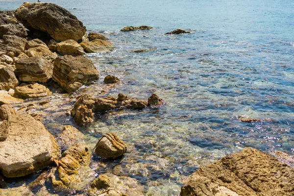 Mavi deniz ve kayalık sahil şeridi. Kıyı doğası ve berrak su manzarası