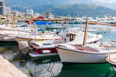 Yat limanında dağ zeminli küçük tekneler yüzüyor. Kıyı yaşam tarzı, deniz turizmi ve manzaralı yaz gezisi.