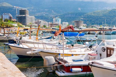 Arka planda modern kıyı silueti olan küçük tekneler marinada dizildi. Şehir turizmi, kıyı yaşamı ve Avrupa kıyı kasabalarında her gün tekne gezisi.