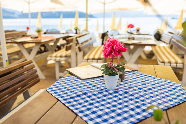 Seaside cafe table with blue checkered cloth and flower pot. Outdoor hospitality, coastal relaxation, and Mediterranean dining experience.