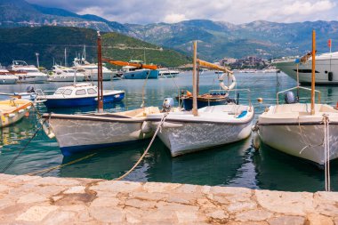 Motorlu tekne dağ arkaplanlı manzaralı bir marinada demirlemiş. Sahil yaşam tarzı, deniz eğlencesi ve deniz kıyısında yaz turizmi.