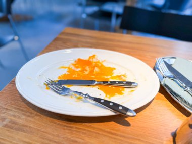 Çatal, bıçak ve arta kalan sosla dolu boş bir tabak. Yemek alışkanlığı, yaşam tarzı ve tüketim ayrıntıları