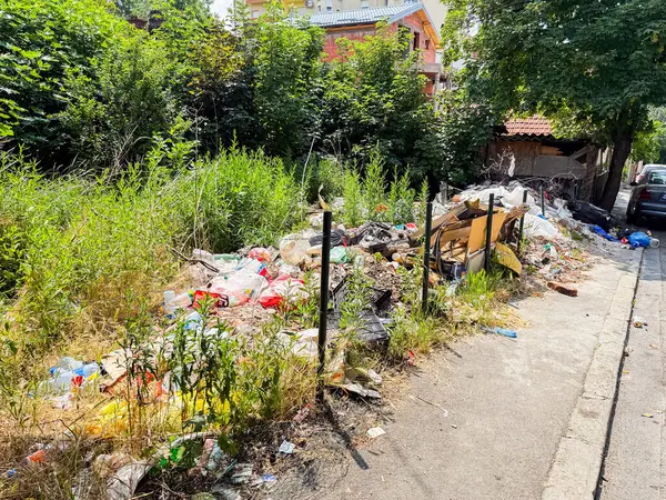 Yeşil çimenlerin arasında çöp ve plastik atık yığını. Kentsel çevrede kirlilik, çevresel hasar ve ekolojik sorunlar