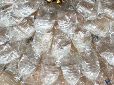 Ezilmiş plastik şişeler dairesel kompozisyonda altın elementlerle sıralanmış. Ekoloji, geri dönüşüm ve sürdürülebilirlik atık, tüketim ve çevre sanatı yoluyla yansıtılır