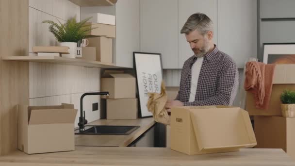 Man Owner Unpack Things Box New Home Male Home Owner — Video Stock