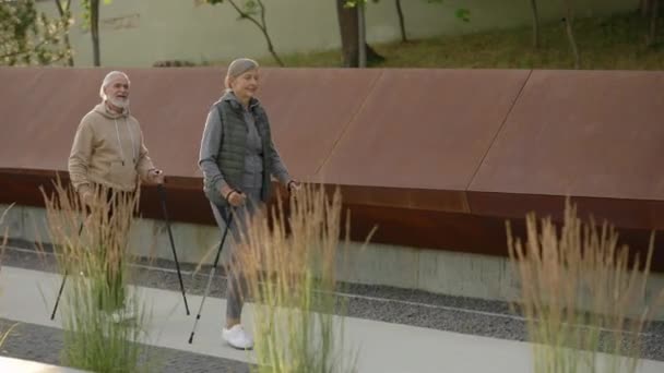 Glückliches Älteres Paar Mit Trekkingstöcken Auf Der Straße Gemeinsam Nordic — Stockvideo