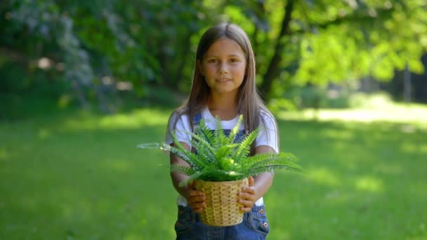 Kaukázusi Mosolygós Lány Áll Parkban Megmutatja Növényt Egy Edényben Kamerának — Stock videók