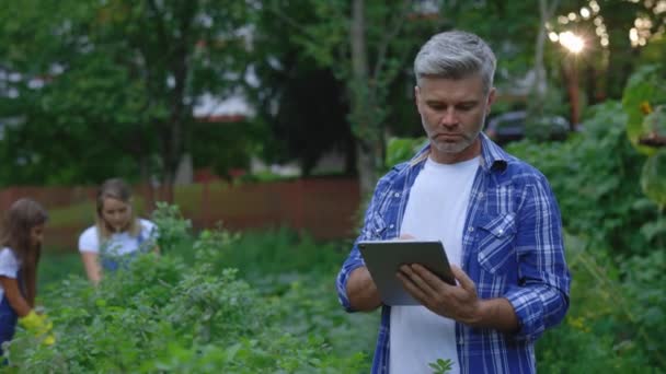 Männliche Kaukasische Arbeiter Stehen Einer Minzplantage Moderne Digitale Technologien Agronom — Stockvideo