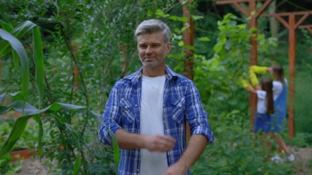 Portrait Smiling Caucasian Farmer Standing Plantation Crossing His Hands Farmer — Stock Video