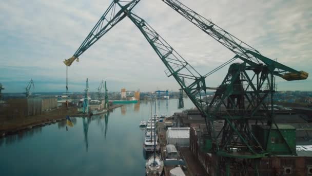 Aerial View Port Massive Towering Cranes Gdansk Poland Support Ukraine — Vídeos de Stock