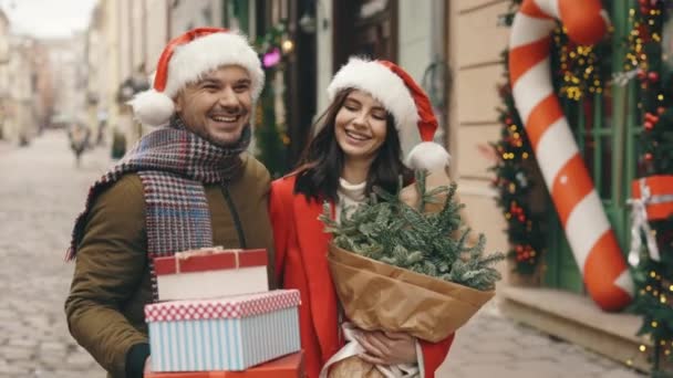 Positive Caucasian Couple Going Christmas Winter Street Together Spending Time — Stock Video