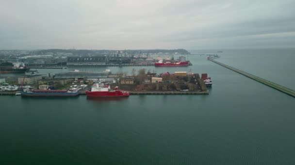 Widok Lotu Ptaka Port Gdański Statkami Dokującymi Morza Ekspansywny Port — Wideo stockowe
