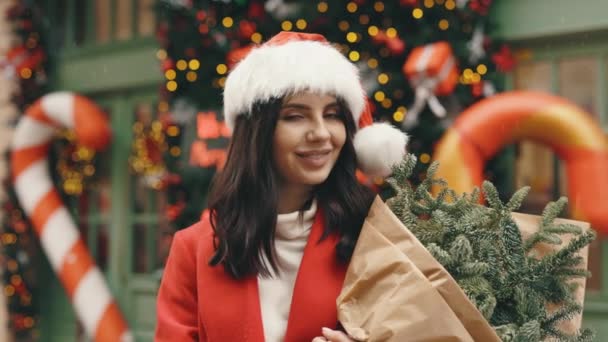 带着冬季礼物的可敬的女士的画像 站在装饰过的街上 手里拿着一束枞树 圣诞节庆祝活动 节日气氛 市民与圣诞假期概念 — 图库视频影像