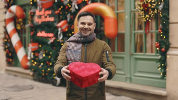 Cute Handsome Man Holding Red Gift Box Valentines Day Birthday — Stock Video