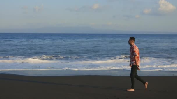 Oldalnézet Komoly Multiracionális Üzletember Séta Nyaralás Közelében Óceán Black Beach — Stock videók