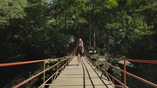 Чарівна Грайлива Дівчина Гуляє Мосту Посеред Дикої Природи Посміхаючись Дивлячись — стокове відео