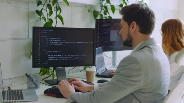 Handsome Guy Freelance Data Work Office Coding Programming Big Data — Vídeos de Stock