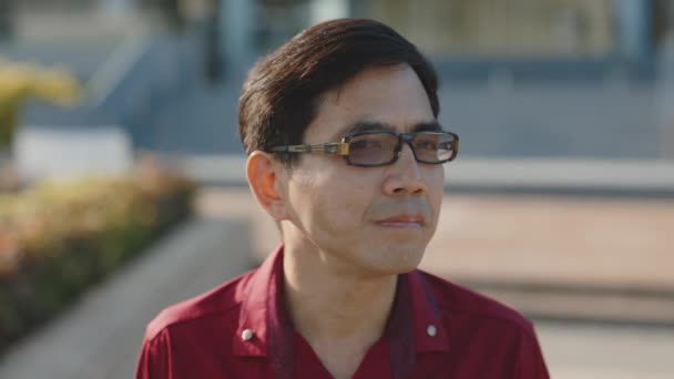 Портрет Успішного Азіатського Бізнесмена Стоїть Зовні Носить Окуляри Позує Головний — стокове відео