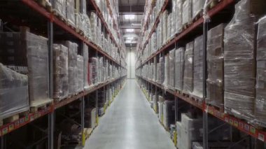 Karton kutular ve paketlerle dolu raflarla dolu büyük perakende deposu. Ürün Teslimatı Lojistik, Sıralama ve Dağıtım Teslimatı