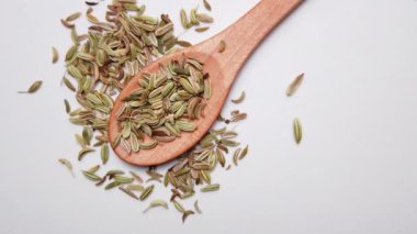 Barbecue fennel on a wooden spoon. Food spices. Fresh and diet spice concept for vegan cooking schools and diet products. High quality 4k footage