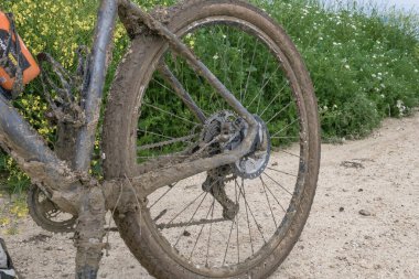 VASTO, İtalya - 29 Nisan 2023: bir dağ bisikletçisi çok kirli bir yolda mola veriyor. Çamurlu tekerleği yakından çek.