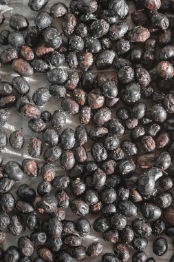 Siyah zeytinler güneşte kurutulsun diye bir tutam tuzla