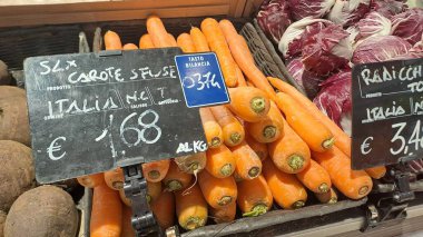 Roman, İtalya - 29 Nisan 2025: Fiyat etiketli Taze Organik Havuçlar Bakkal Tezgahında Sergilendi