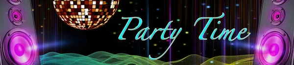 Disco Party Banner Multicolored Lights Speakers — Stock Photo, Image