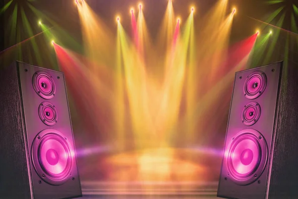 Disco Party Banner Multicolored Lights Speakers — Stock Photo, Image