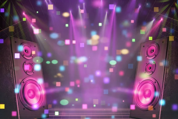 Çok Renkli Işıkları Hoparlörleri Olan Disko Parti Afişi — Stok fotoğraf