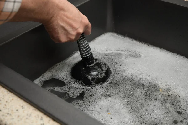 Overflowing Kitchen Sink Clogged Drain Plumbing Problems Trying Unclog Stock Image