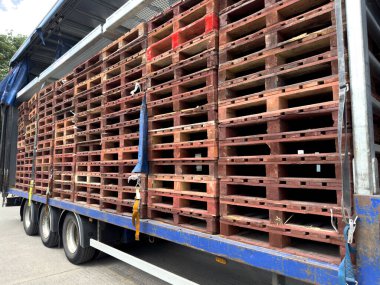 Tahta kargo paletleri düzenleyicisi bir kamyon römorkunda