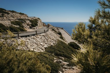 Manzaralı, dolambaçlı bir dağ yolunun ters tonlu resmi, Mallorca