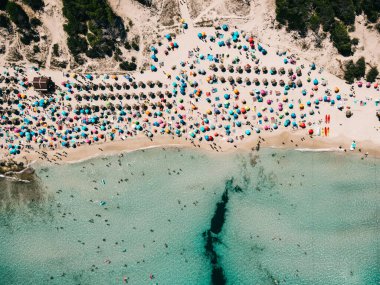 Renkli şemsiyeli kumlu sahil manzarası, tanınmayan insanlar, yazın güneşli bir günde şeffaf mavi suyu olan deniz kıyıları. Mallorca 'da seyahat, Balear adaları, İspanya. Üst Manzara. Tropik