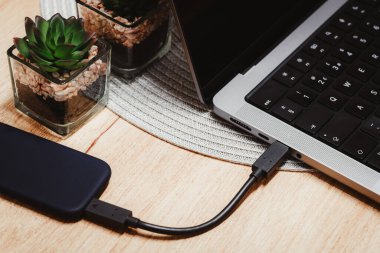 Tahta masadaki dizüstü bilgisayara bağlı harici yedek disk sürücüsü