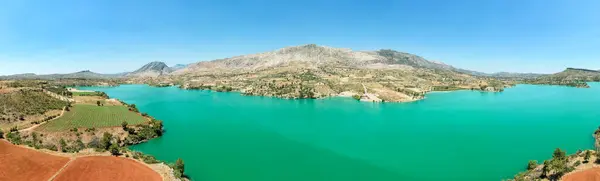 stock image Mediterranean coastline in Turkey, with yachts, panoramic view, wide angle,