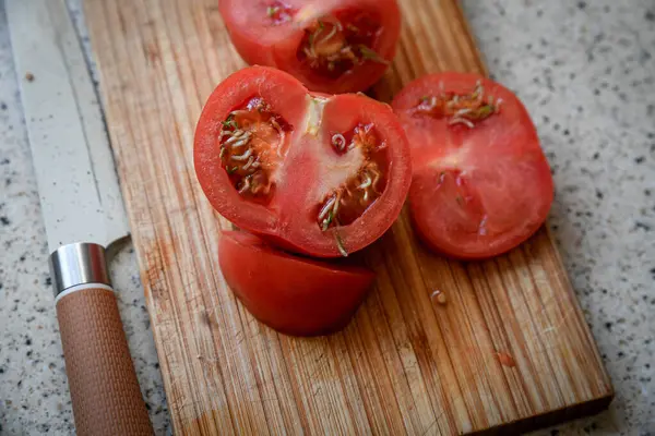 stock image Vivipary seeds germinating inside overripe tomato on the cutting desk