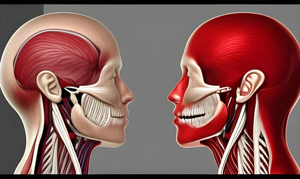 A Human head slice profile side view deep facial formations. The structure of the circulatory system, muscles and nervous system, cranial bone