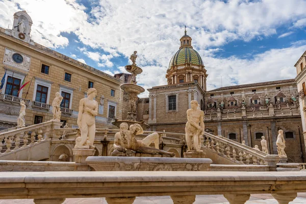 Vista Fontana Pretória Câmara Municipal Palarmo Coração Bairro Histórico Itália — Fotografia de Stock