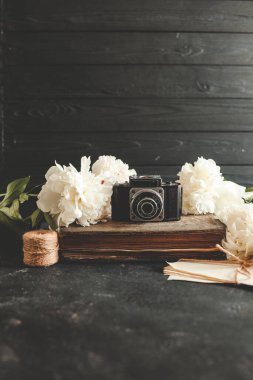 Kitap ve taze şakayık çiçekli retro fotoğraf makinesi.
