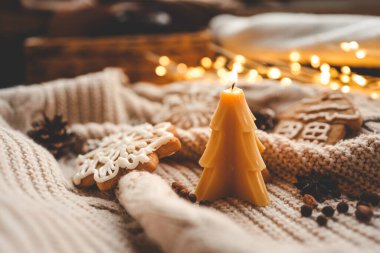 Balmumu Noel ağacı mumu, rahat bir fotoğraf.