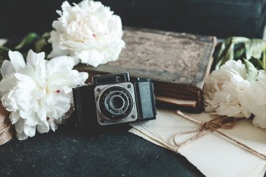 Kitap ve taze şakayık çiçekli retro fotoğraf makinesi.