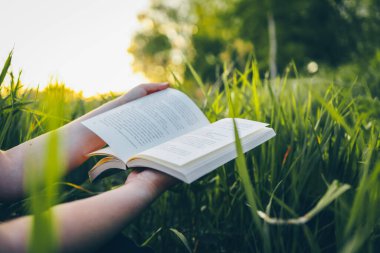Elinde açık bir kitap, doğa konsepti, sükunet ve yalnızlık..