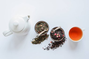 Beyaz arka planda çay, çaydanlık ve fincan çeşitleri, üst görünüm.
