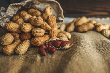 Odunsu bir arka planda poşette yer fıstığı.