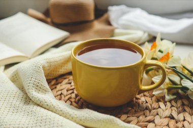 Bir fincan sıcak çay ve bahar içeceği. Günaydın konsept.