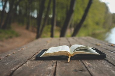 Open Bible on a wooden board near the river.