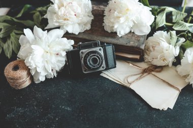 Kitap ve taze şakayık çiçekli retro fotoğraf makinesi.